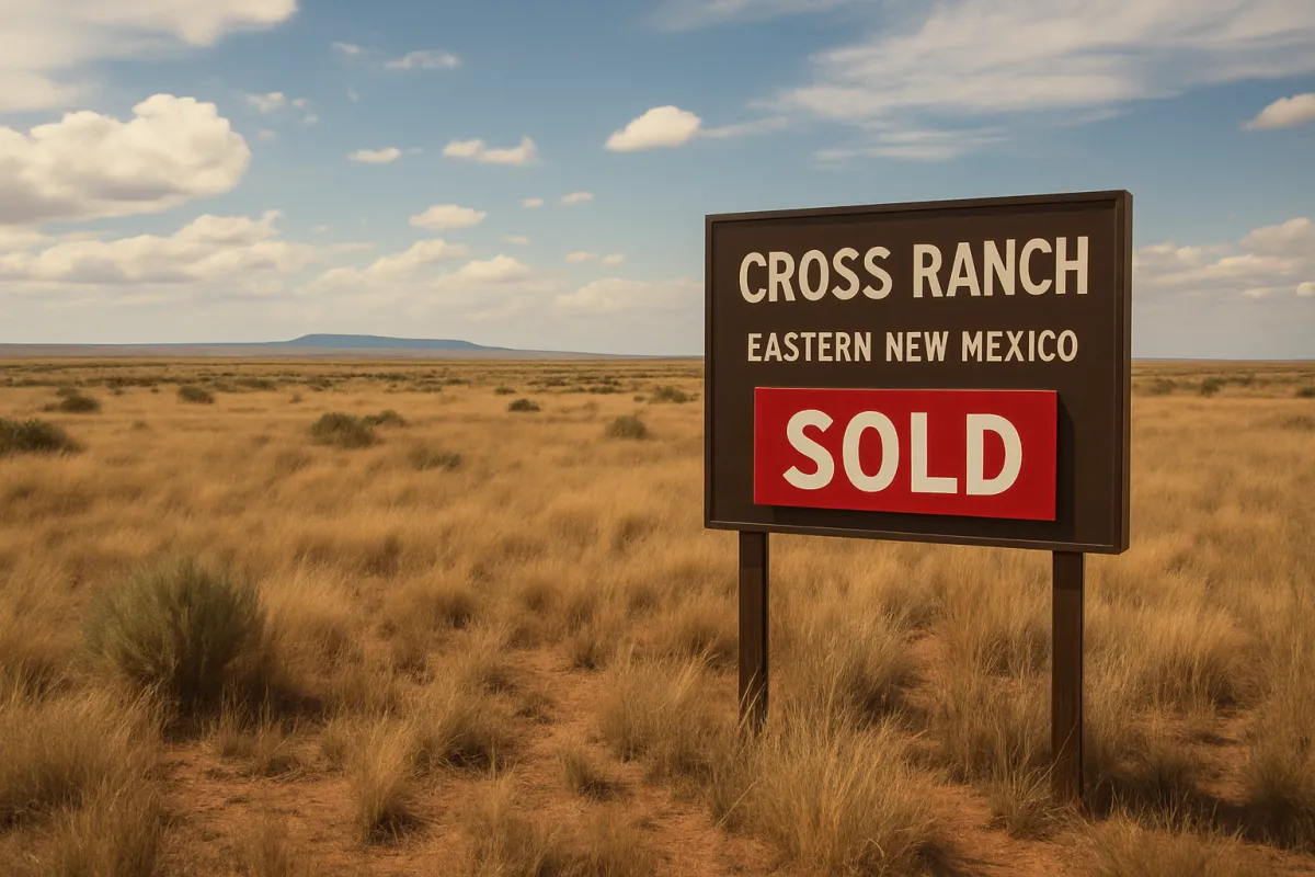 Open prairie land representing Cross 5 Ranch in Eastern New Mexico with a "Sold" sign