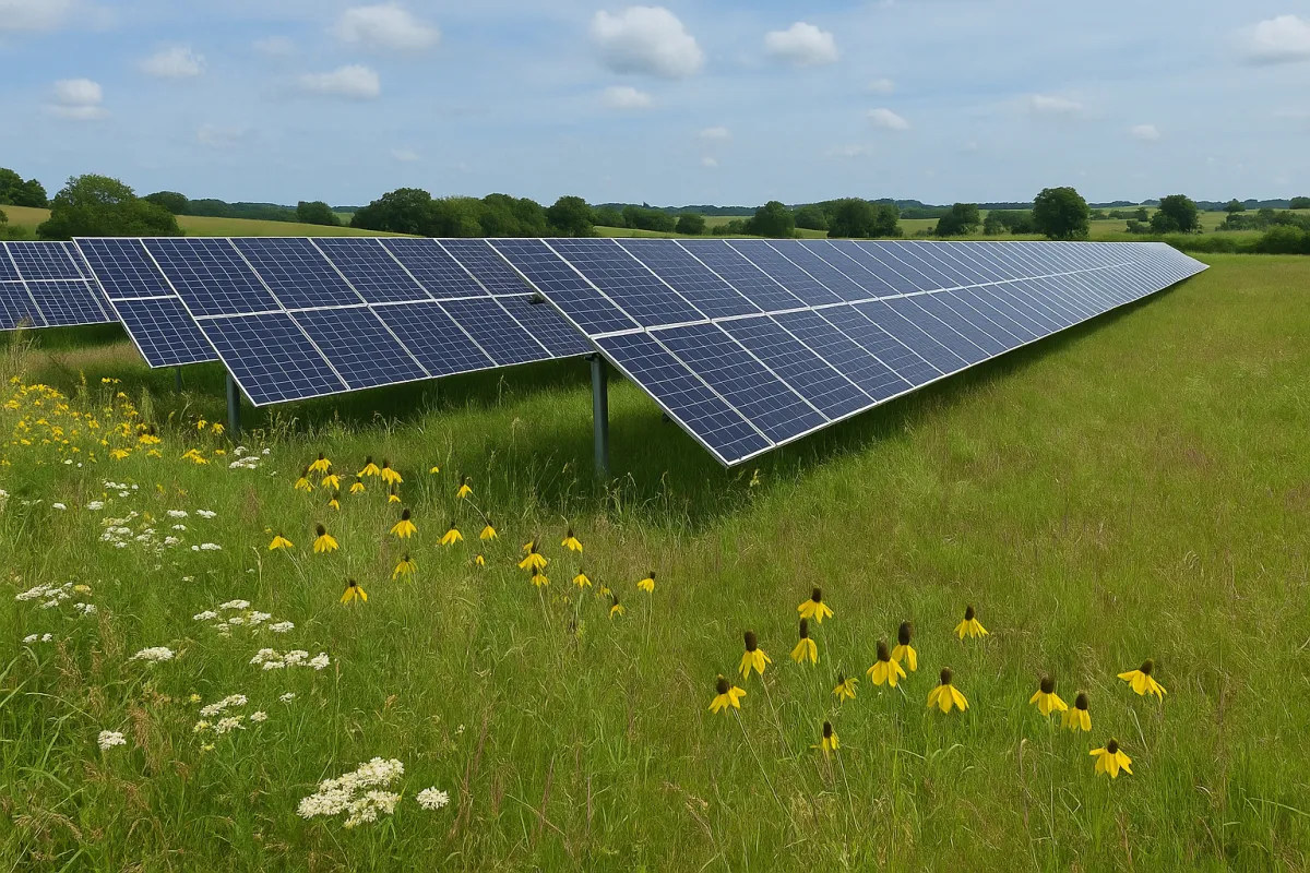 Solar panels and native landscaping on rural land