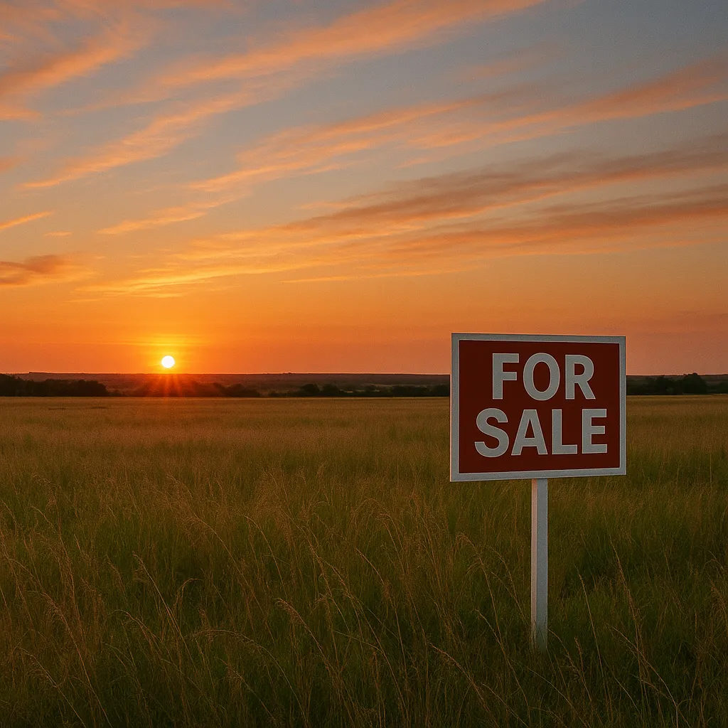 Open field with a "For Sale" sign and sunset in the background