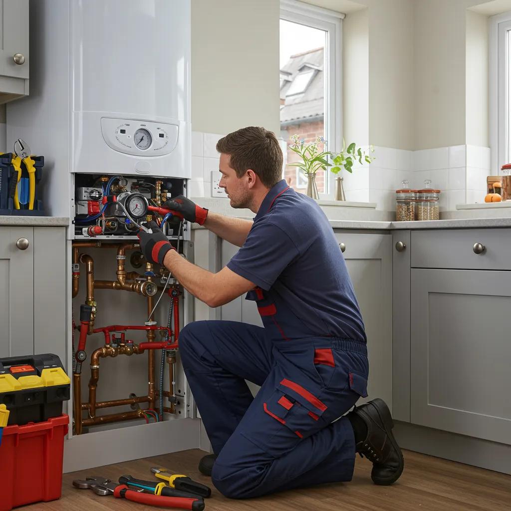 Professional plumber repairing a boiler in a Cardiff kitchen, highlighting expertise and reliability