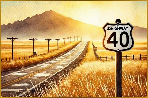 country road with the US Highway 40 sign
