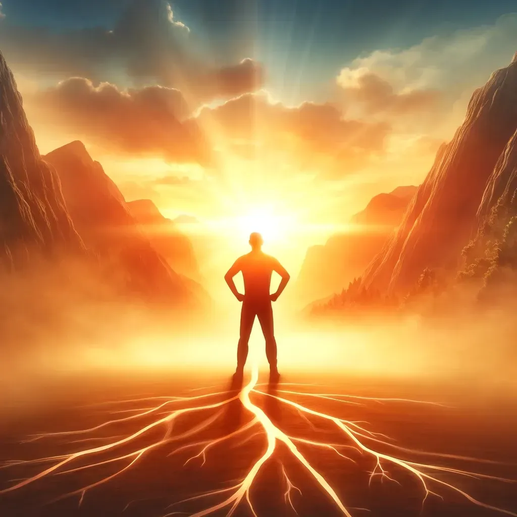 A powerful and inspiring image of a person standing confidently at sunrise, symbolizing resilience and a new beginning after overcoming challenges. The scene conveys hope, strength, and determination, representing the journey of stroke recovery.