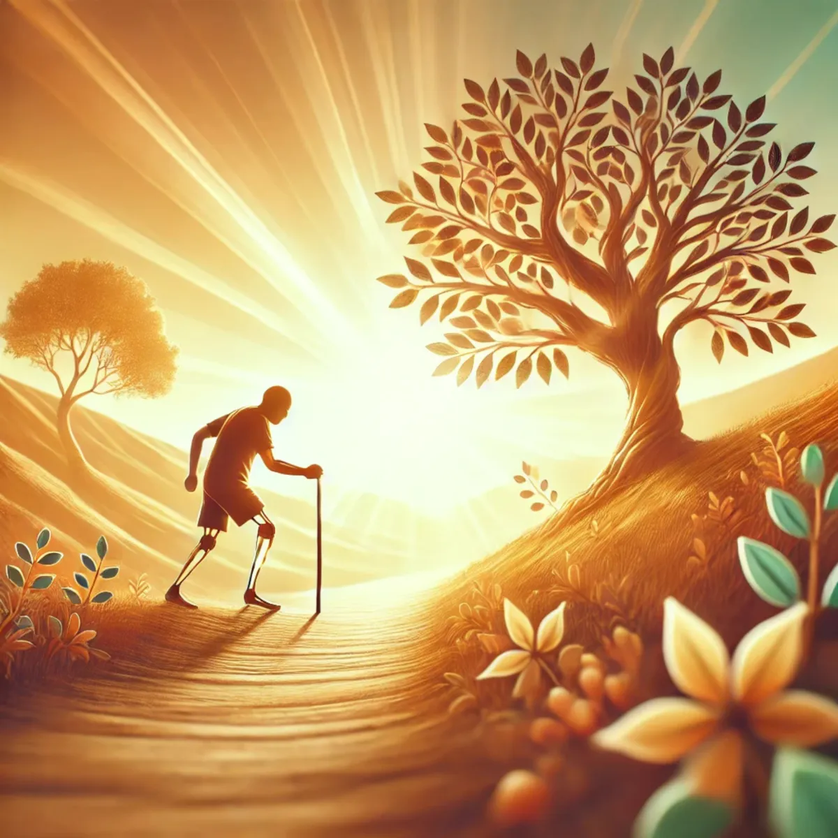 An inspiring and uplifting image representing stroke recovery milestones. A person is taking small but determined steps on a scenic path, symbolizing.