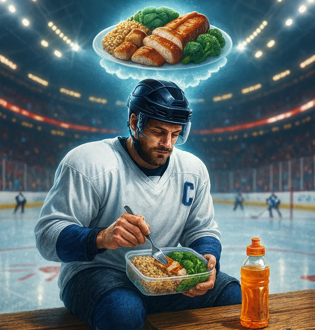 Best hockey player diet cover image showing a professional hockey athlete eating a healthy meal of chicken, rice, and broccoli in an ice arena, highlighting optimal sports nutrition for peak hockey performance