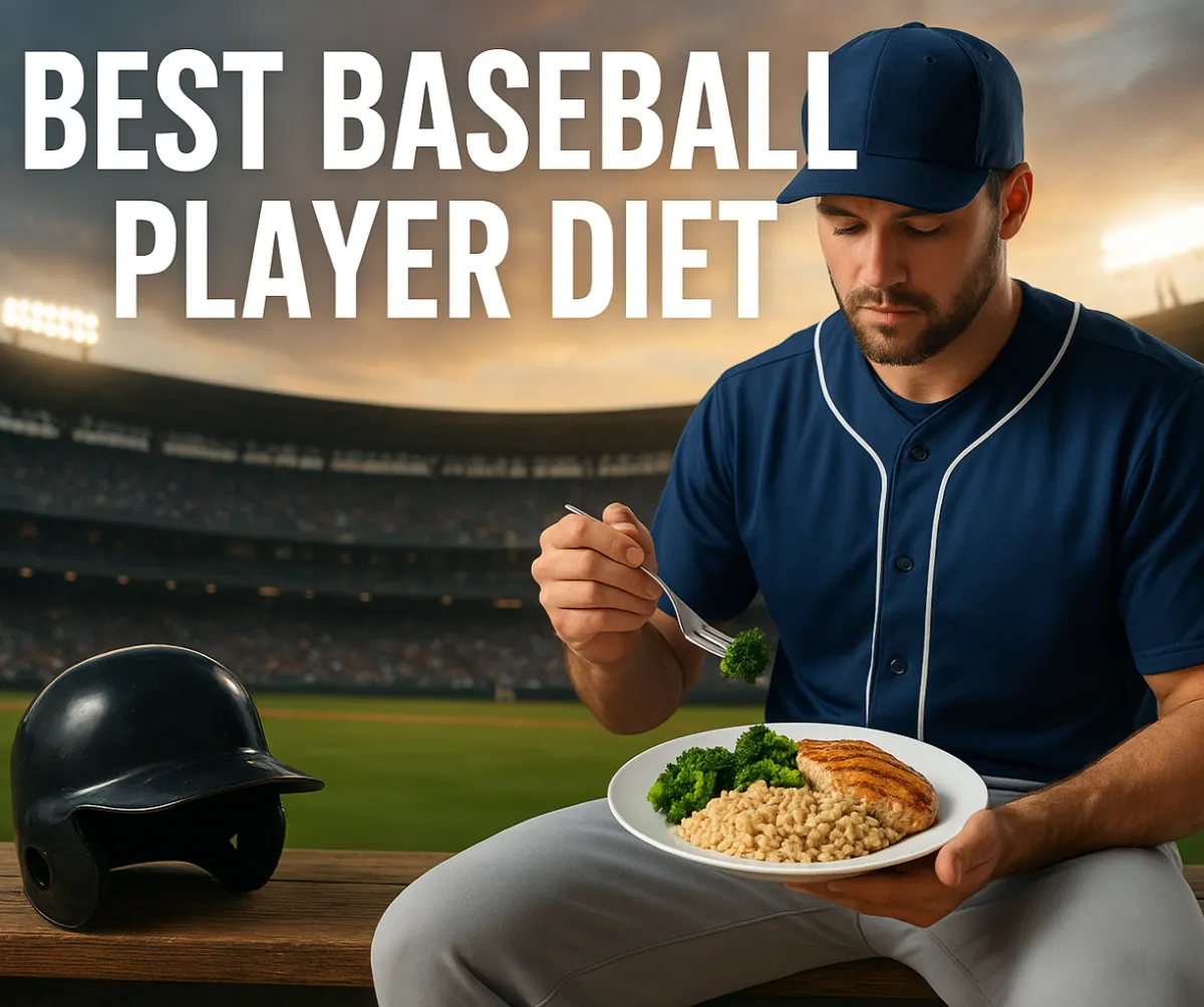 Baseball nutrition blog cover showing a baseball player swinging a bat on the field, promoting optimal diet, performance fuel, and sports nutrition for baseball athletes.