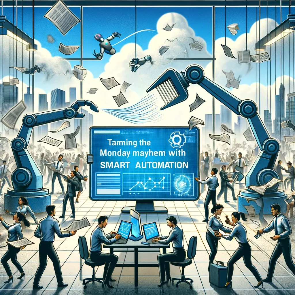 Taming the Monday Mayhem with Smart Automation." It shows a chaotic office environment being transformed into a calm and orderly space with the help of smart automation technology. Robotic arms are seen organizing papers, digital displays are streamlining workflow, and people are working in a stress-free manner. The scene transitions from frenzied to serene, highlighting the powerful calming effect of smart technology in a typically chaotic Monday workplace.