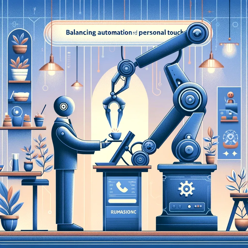  Depicting the harmony between automation and personal touch within a small business setting, emphasizing the blend of technology and humanized service.