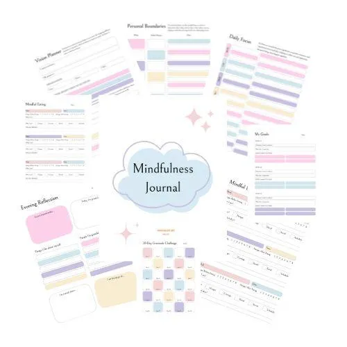 Mindfulness Journal with pastel-colored pages displaying planners, goal-setting worksheets, and reflection prompts