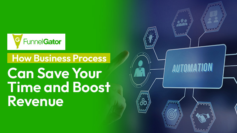 Banner showing FunnelGator branding with the title ‘How Business Process Can Save Your Time and Boost Revenue’ alongside automation icons on a digital screen