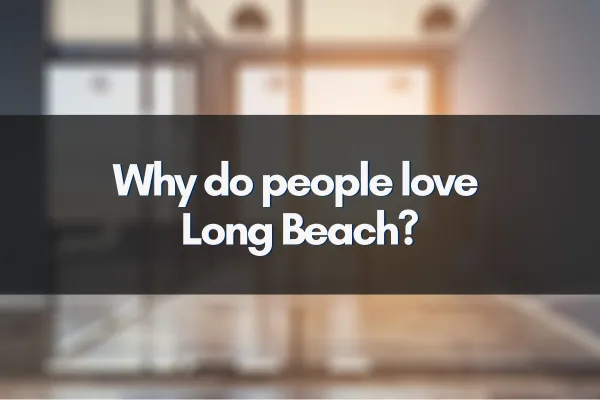 A scenic view of Long Beach showing palm-lined streets, sandy beaches, and a lively boardwalk filled with people enjoying outdoor activities under a sunny sky.
