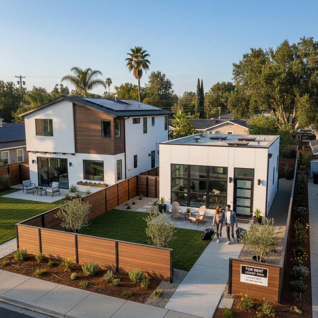 Aerial view of a modern house and guest house surrounded by wooden fences and greenery. A couple with suitcases walks on a path near a, For Rent sign.