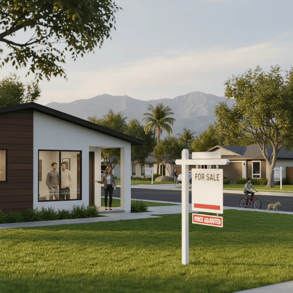 House with, For Sale, sign; people viewing inside. Woman at door, child cycling on the street, dog nearby. Mountains and palm trees in background.
