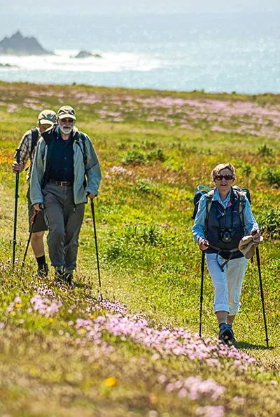one woman and two men are hiking