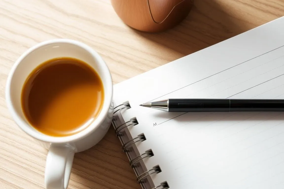 A planner with a pen lies open beside a cup of coffee.