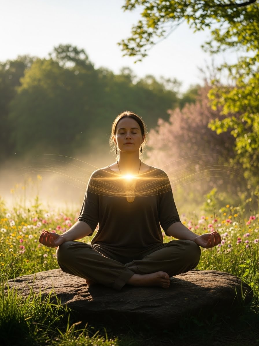 Person practicing mindful meditation surrounded by soft natural light, symbolizing connection between body, mind, and inner awareness.