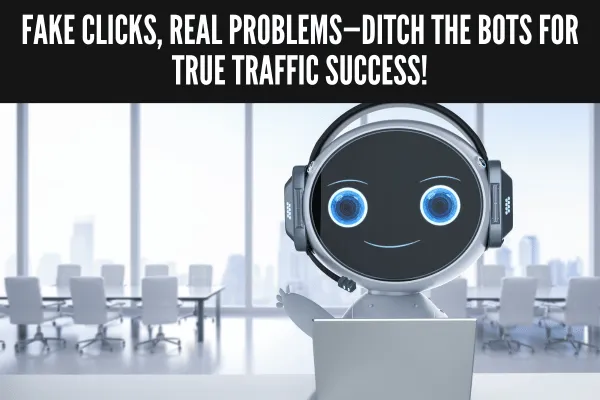 Illustration showing fake traffic bots swarming a website, highlighting the risks of using free website traffic tools.