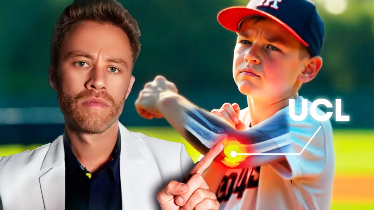 Youth baseball pitcher holding elbow in pain during game after UCL injury