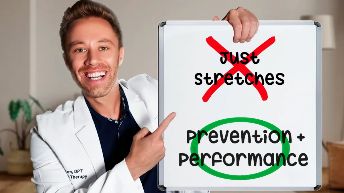 Dr. Kam holding a whiteboard that says “Just stretches” with a red X and “Prevention + Performance” circled in green, highlighting the real value of sports physical therapy for youth athletes.