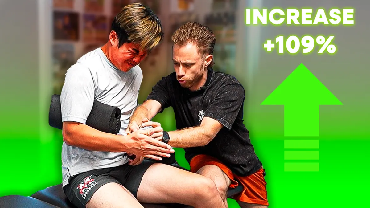 A baseball athlete sits with a bolster under his arm while Dr. Kam performs a manual shoulder strength test, both showing intense effort. A bright green arrow and “Increase +109%” appear on the right side, highlighting the athlete’s improvement.