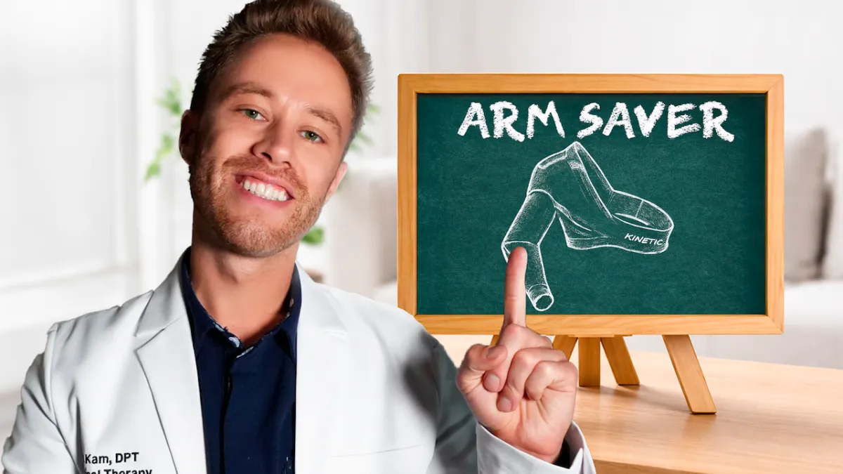 Sports physical therapist in a white lab coat pointing to a chalkboard labeled “Arm Saver” with an illustration of a Kinetic Arm throwing sleeve, highlighting arm protection for baseball pitchers.