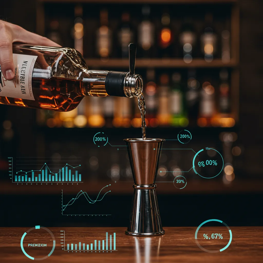 Bar counter with liquor bottles being poured into a jigger, overlaid with digital charts and analytics illustrating precise liquor control.  2. The Hidden Cost of Overpours