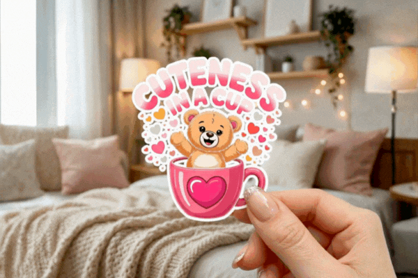 A hand holding a finished 'Cuteness in a Cup' vinyl sticker with a white border, showcasing the design against a cozy, soft-lit bedroom background, illustrating the final product of a digital design side hustle.