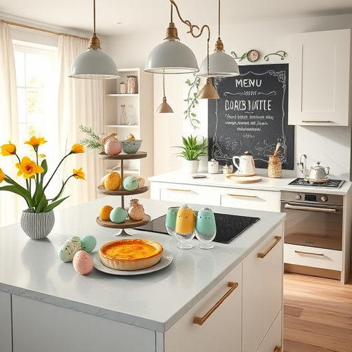 Alt Text: A compact and stylish U-shaped kitchen layout featuring modern design elements and efficient storage solutions. The kitchen showcases sleek cabinetry, pull-out shelves, and hidden appliances. A centerpiece island with bar stools is adorned with a colorful fruit bowl and a small herb garden in decorative pots, enhancing the cozy atmosphere. Quirky details include a whimsical frying pan-shaped wall clock and a vibrant retro toaster, contrasting with the muted cabinetry colors. An abstract hanging light fixture adds flair while casting warm light. Natural light streams through a window with sheer curtains, complemented by potted plants on the windowsill. The walls are painted in soft pastel blues and greens, paired with light wood finishes and brushed metal accents, creating an inspiring ambiance. The intricately patterned tile flooring contrasts with smooth surfaces, hinting at an adjoining dining area through a stylish archway, inviting curiosity into this charming culinary space.