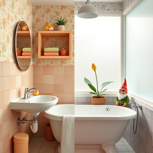 A visually engaging blog cover image themed around "cheap bathroom renovations" depicts a half-finished bathroom transformation. One side features dated, dull tiles and a worn-out sink, contrasting with the other side showcasing stylish updates such as floral wallpaper, a sleek modern sink, and trendy fixtures. Quirky details include a rubber duck wearing sunglasses perched on the tub and a mischievous garden gnome peeking from behind a potted plant. The background highlights open shelving with colorful towels and playful accessories, while a large frosted window allows soft natural light to illuminate the space. The bright color palette features soft pastels like mint green, lemon yellow, and coral, reflecting optimism and creativity in DIY projects. The composition seamlessly merges both sides of the bathroom, illustrating the exciting potential of affordable transformations.
