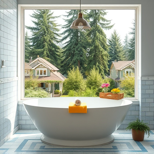 A beautifully remodeled bathroom represents "Expert Bathroom Remodelers in Lynnwood, Washington." The image features an elegantly designed, spacious bathroom with a freestanding soaking tub beside a large window, offering views of lush greenery. The tile work showcases a blend of classic white and calming blue hues, creating a serene spa-like atmosphere. The soft earth tone color palette is accented with pops of soothing blue and green. Quirky details include a small basket of rolled towels in the tub, floating bubbles, and whimsical plant life around the window, enhancing the connection to nature and the Pacific Northwest. The background reveals a charming Lynnwood neighborhood with tall trees and blooming flowers, grounding the modern elegance of the bathroom in its local context. The High Renaissance art style adds intricate details and a rich, textured appearance, evoking tranquility and inspiring readers to envision their dream bathroom design.