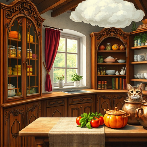 A charming Renaissance-style kitchen scene showcases elegant cabinets with glass doors, displaying a colorful array of hand-painted ceramics and vintage cookbooks. Intricate wooden carvings frame the glass, revealing bubble-shaped glass jars filled with dried herbs and shining copper pots. A playful cat with wide eyes peeks from behind a velvet curtain, adding a whimsical touch. The warm and inviting mood evokes nostalgia, with a rustic wooden table draped in woven cloth featuring fresh ingredients like ripe tomatoes and fragrant basil, suggesting a culinary adventure. Sunlight streams through a large window, highlighting the rich textures of the cabinets and casting soft shadows on the floor, enhancing the serene yet lively atmosphere. The color palette of warm earthy tones, rich greens, and golden hues draws inspiration from Renaissance art, inviting viewers into this cozy culinary haven. Fluffy clouds painted on the ceiling contribute to a dreamy ambiance, celebrating the joy of cooking and family gatherings.