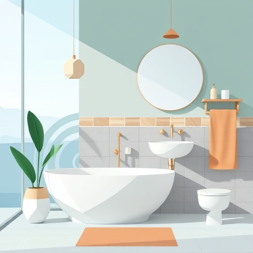 A whimsical and stylish depiction of a small bathroom designed with innovative storage solutions. The image features clever shelving units, hanging organizers, and vibrant baskets arranged creatively. A compact modern vanity with sleek lines and floating cabinets showcases geometric shapes organized for both functionality and aesthetics. The playful tone radiates joy in maximizing space, with quirky details like a small potted plant in a colorful soap dispenser and a bathroom rug displaying fun geometric patterns. The futuristic interior background includes mirror-paneled walls that reflect the inventive storage, enhancing the sense of spaciousness. The soothing pastel color palette of mint green and soft coral is accented with bold splashes of teal and gold, capturing a fresh, contemporary vibe that inspires creativity in small space design. The overall artwork is rendered in a dynamic Futurism style, blending angles and curves to celebrate modern efficiency and charm.