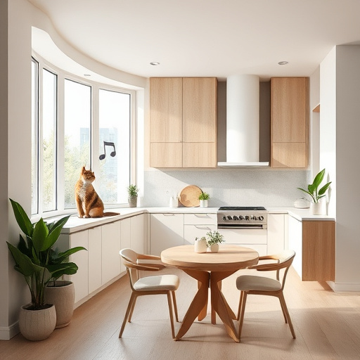 A serene and minimalist open-plan kitchen designed for a blog cover on "How to Reduce Noise in Open Plan Kitchens." The space features soft, curved lines and natural materials such as light wood and stone, promoting a sense of calmness. Plush acoustic panels are artistically arranged around the kitchen, blending seamlessly with the decor, symbolizing sound reduction. Vibrant, sound-absorbing plants add lively greenery that contrasts with muted kitchen tones, enhancing the tranquil atmosphere. Quirky details include a playful cat lounging on a soundproofed window sill and whimsical musical notes gently dissipating in the air, representing absorbed sound. A softly lit dining area with a simple wooden table set for two complements the kitchen, emphasizing intimacy. The color palette consists of soft pastels—mint green, pale gray, and creamy whites—infusing the space with serenity and freshness, capturing the essence of noise reduction in modern kitchens.