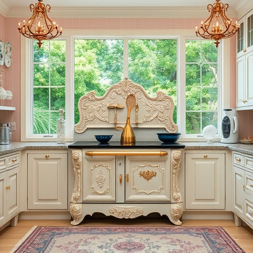 A vibrant, minimalist kitchen scene designed in a Bauhaus art style, showcasing a blend of modern appliances and retro aesthetics. The kitchen features soft pastel-colored cabinet doors with asymmetrical designs, a central island topped with fruit and plants, and an overall professional yet playful mood. Abstract shapes represent kitchen gadgets in the background, created with expressive brush strokes. A striking geometric tile pattern covers the floor, while natural light from a large window casts soft shadows, enhancing the inviting atmosphere. Stylized evergreen trees and a serene coastal vibe represent Port Townsend's beauty outside, complemented by a whimsical floating teapot spouting steam shaped like clouds. The color palette includes vibrant yellows, soft blues, and rich earth tones, inspiring viewers to imagine their own kitchen remodels.