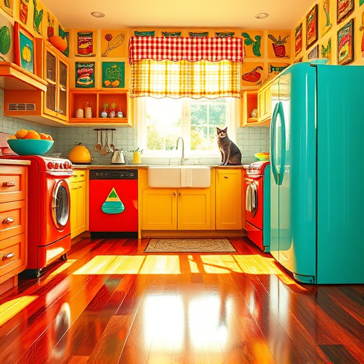 A vibrant PopArt cover image showcases an inviting kitchen centered around glossy, polished hardwood flooring that reflects light in rich, warm tones of deep chestnut and golden honey. The scene is enhanced by colorful retro appliances in bright red and turquoise, an oversized fruit bowl filled with cartoonish apples and oranges, and quirky kitchen utensils featuring playful patterns. The cheerful atmosphere is accentuated by a playful cat perched on the kitchen counter, illuminated by sunlight streaming through a window with a colorful gingham curtain. The walls display framed art inspired by famous food-themed paintings, echoing a Warhol-esque style. A bustling graphic-patterned wallpaper featuring bold motifs of kitchen spices or herbs complement the lively color palette of citrus yellows, fiery reds, and lively greens, capturing the joy and warmth of home while celebrating the beauty of hardwood kitchen flooring.