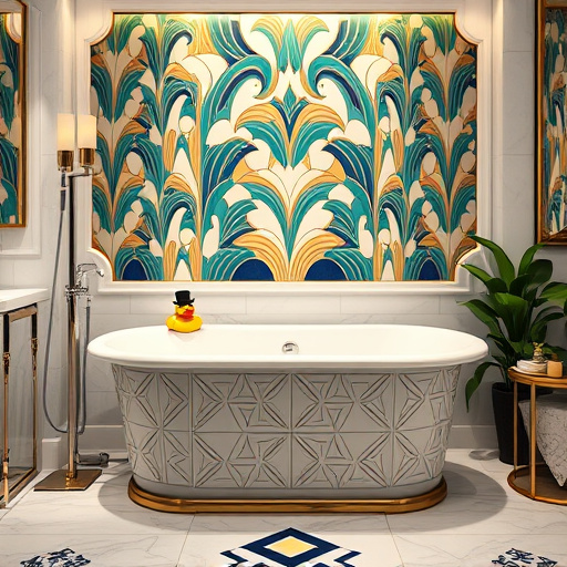 A captivating blog cover image centered on "Walk-in Bathtub Installation Services," showcasing a luxurious Art Deco-inspired bathroom. The focal point is an elegant walk-in bathtub adorned with intricate geometric patterns, illuminated by soft, ambient lighting for a modern sophisticated feel. Surrounding the tub are polished chrome fixtures and sleek marble surfaces, complemented by artful gold accents that convey opulence. Whimsical decor elements, like a playful rubber duck wearing a tiny top hat on the tub's edge, add a touch of humor. The scene evokes calmness and invites relaxation, emphasizing the importance of comfortable bathing for those with mobility challenges. Elegant Art Deco tiles in the background feature a mesmerizing pattern with teal and deep navy blue tones contrasting against warm golds and whites, enhancing the luxurious atmosphere. Subtle hints of lush greenery, such as potted plants or ferns, introduce vibrancy and life to the pristine bathroom environment. The overall composition blends geometric elegance with a modern approach to accessibility in home design, appealing to readers interested in stylish and functional bathroom transformations.