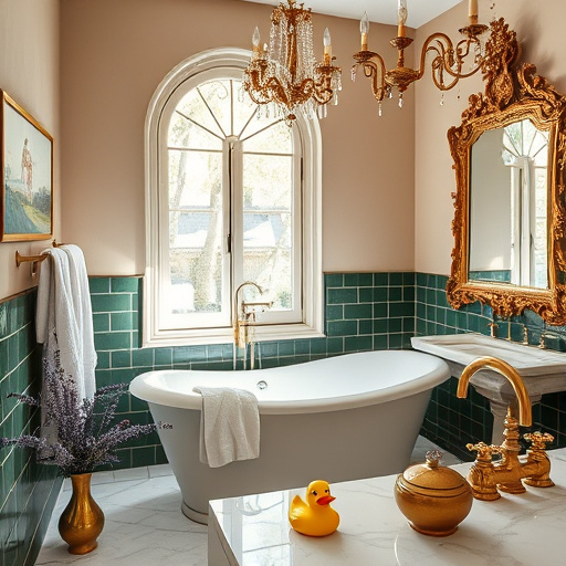 A visually striking blog cover image themed "Hardwood Flooring for Bathrooms" features a beautifully designed bathroom with rich hardwood floors contrasting against glossy tiles. A stylish freestanding bathtub rests on the polished wooden floor, surrounded by decorative plants, intricate patterned towels, and a cozy woven bath mat. The ambiance is serene and sophisticated, resembling a spa-like retreat. A vintage wooden ladder, whimsically adorned with potted succulents and hanging terrariums, adds a quirky touch, while colorful tiles peek out behind it. The background includes an ornate bathroom mirror reflecting luxury and warmth, with soft light filtering through frosted glass windows, casting gentle shadows on the hardwood. Earthy textures and intricate patterns celebrate both nature and modern design in this inviting image, inspiring readers to consider the unique benefits of hardwood flooring in their bathrooms.