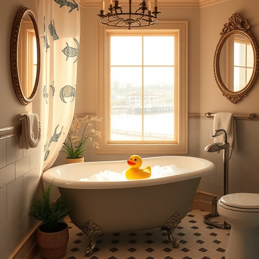 A visually appealing blog cover image featuring a variety of textured flooring samples arranged thoughtfully, showcasing diverse patterns and colors that emphasize safety in accessible bathrooms. The design includes playful, abstract geometric shapes inspired by Bauhaus art, such as overlapping circles and rectangles, creating a sense of flow. The overall tone is professional yet inviting, combining warmth and safety with modern aesthetics. Quirky details like miniature potted plants and playful rubber duckies are integrated among the flooring samples, enhancing a family-friendly atmosphere. A soothing color palette of soft blues, warm beiges, and gentle greens dominates, reflecting a calming environment for accessible bathrooms. The background features a stylized outline of a bathroom space using Bauhaus-inspired shapes and patterns, subtly suggesting functionality and safety. The composition evokes tranquility, encouraging viewers to consider their own bathroom designs and the importance of safety and accessibility, while maintaining a contemporary aesthetic, with minimal text to highlight the vibrant visuals.