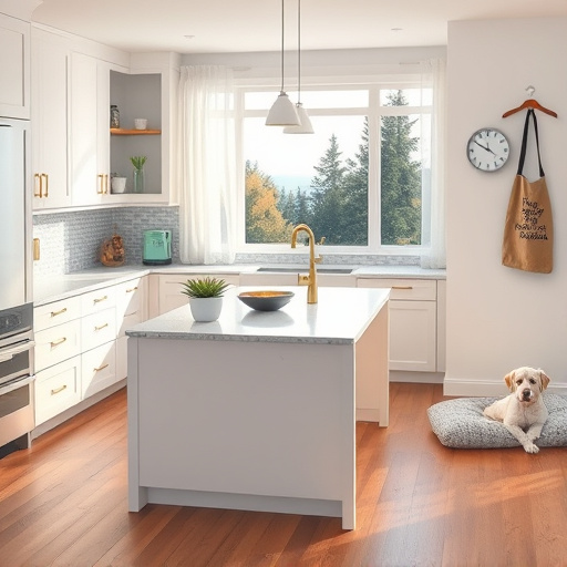 Alt Text: A modern kitchen design in Silverdale, Washington, featuring sleek white cabinetry with minimalist brass hardware and a gleaming Carrara marble countertop. A large island, adorned with vibrant succulents in unique ceramic pots, serves as a gathering spot. The mosaic tile backsplash in shades of blue and gray reflects the nearby Puget Sound. Light streams through large windows with simple white curtains, showcasing a view of lush evergreen trees. The warm-toned hardwood flooring enhances the inviting atmosphere. Quirky details like a frying pan-shaped wall clock and a humorous apron add personality, while the presence of a small dog bed suggests a warm, homey vibe. The artwork captures intricate textures and a soft color palette of blues, natural wood tones, and warm whites, embodying the serene spirit of modern kitchen design immersed in nature.