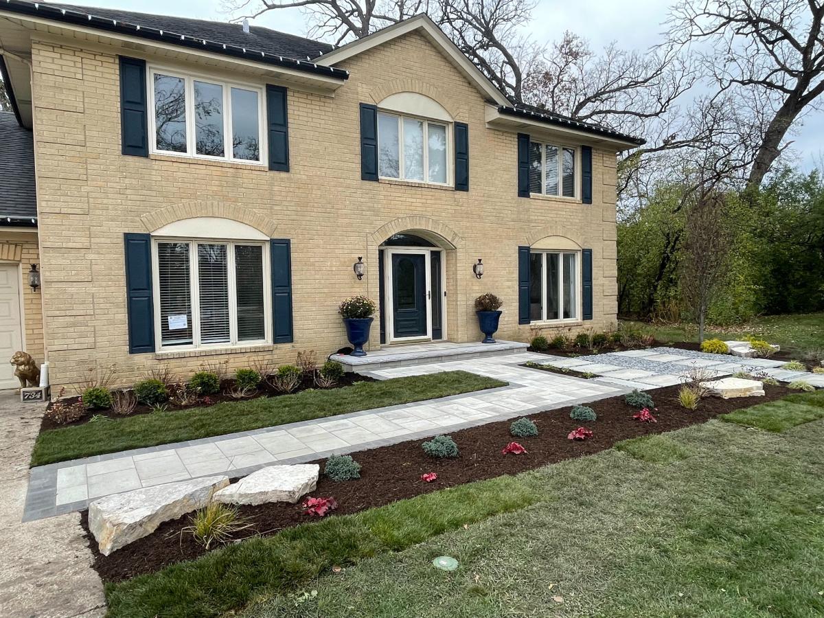 Charming Entryway Landscape Design: New Walkway, Plant Beds, and Seating Nook
