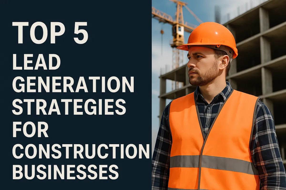 A construction worker in an orange safety vest and hard hat stands in front of a building site with a crane and unfinished structure, alongside bold text reading 'Top 5 Lead Generation Strategies for Construction Businesses' on a dark background.