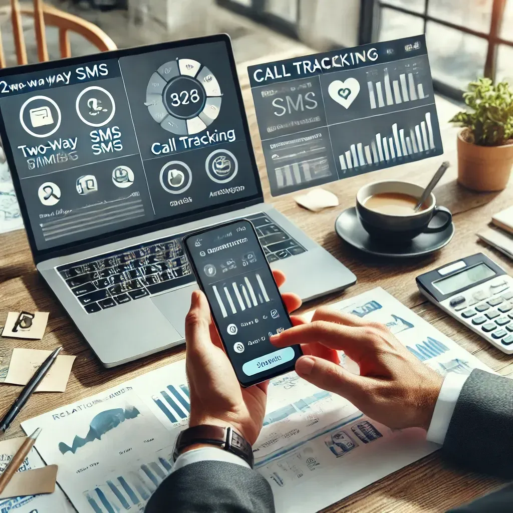 the image representing a professional setting where a businessperson is managing two-way SMS and call tracking on both a smartphone and laptop, highlighting networking and relationship management.