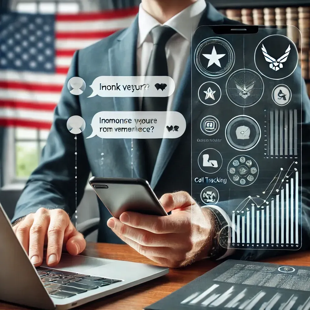 representing a professional setting with a businessperson using two-way SMS and call tracking, symbolizing Veterans Day with American flags and military service symbols in the background. This image ties together the themes of honoring veterans and maintaining professional networking connections.