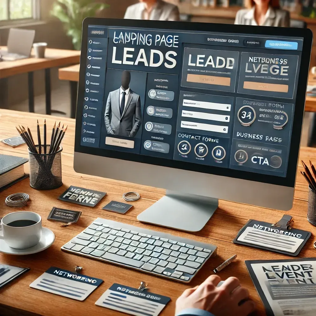 the image featuring a professional workspace with a landing page builder interface open on the screen, designed to capture leads from networking events, surrounded by elements like name tags and business cards to symbolize networking and lead conversion.