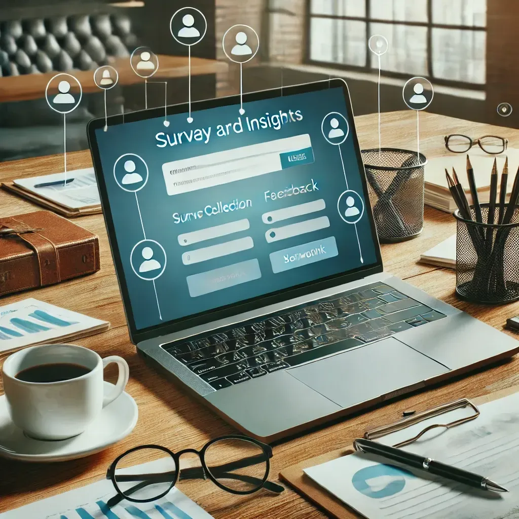 the image featuring a modern workspace with a laptop screen displaying a survey or form creation tool, symbolizing data collection and feedback from network connections.