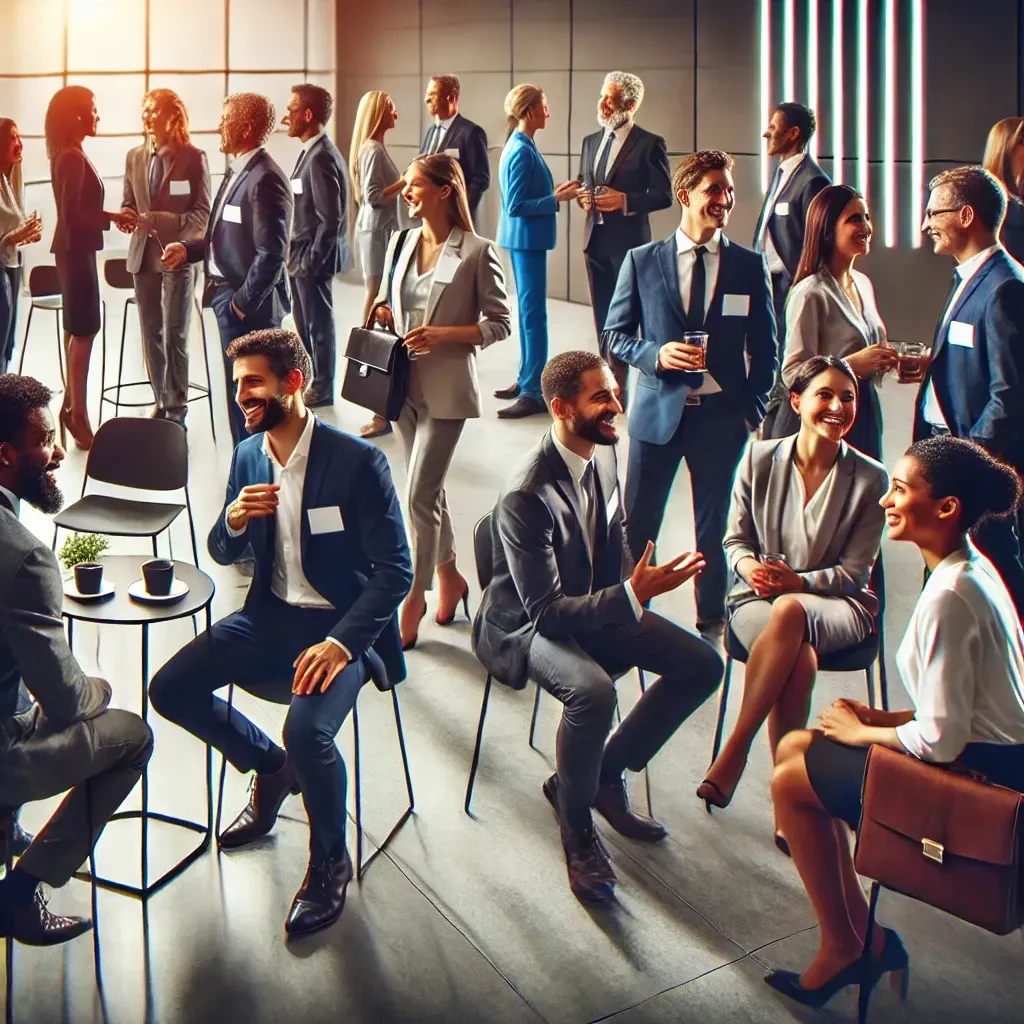 image representing professionals engaged in meaningful conversations at a modern networking event, highlighting the hidden benefits of building genuine connections.