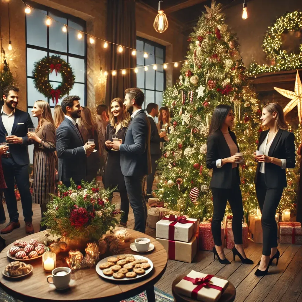 an image depicting a festive Christmas networking event, showcasing professionals connecting in a warm, holiday-themed atmosphere. 🎄