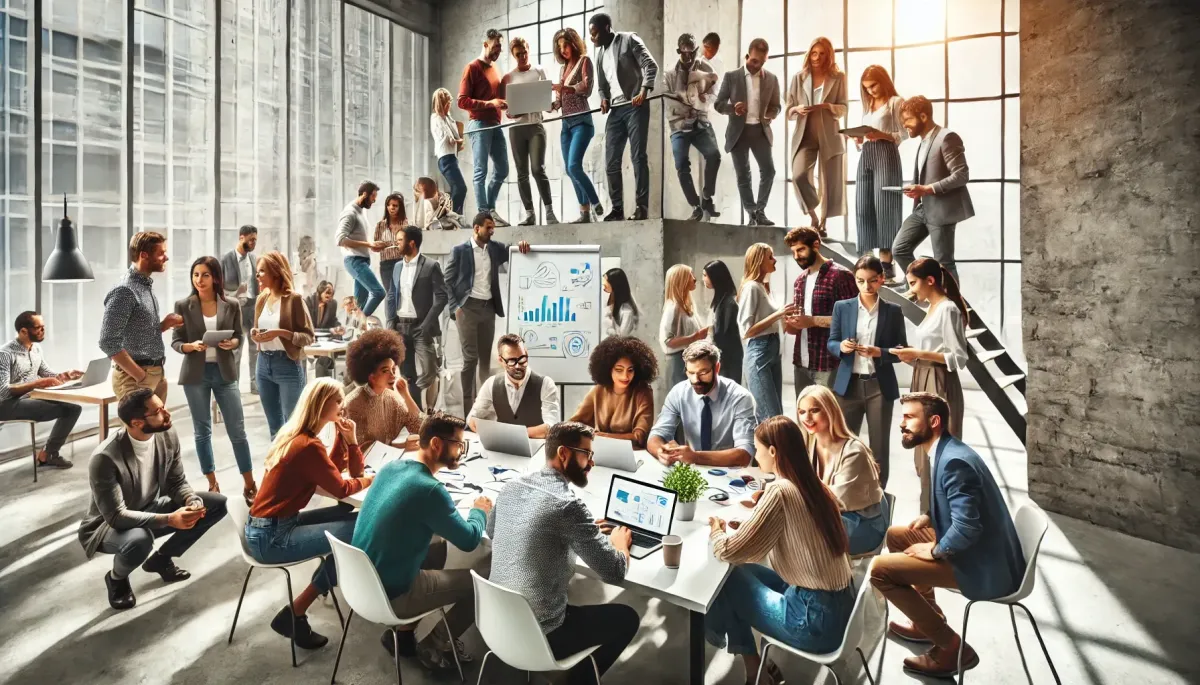 the image representing a diverse group of professionals collaborating, showcasing the power of networking and teamwork. It captures the essence of innovation, inclusivity, and collaboration in a modern office environment.