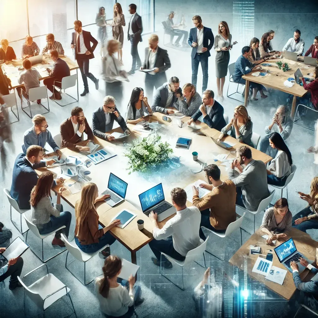 the image representing a dynamic, diverse group of professionals collaborating in a modern, creative workspace. It reflects the energy and innovation of collaborative networks driving success through synergy.
