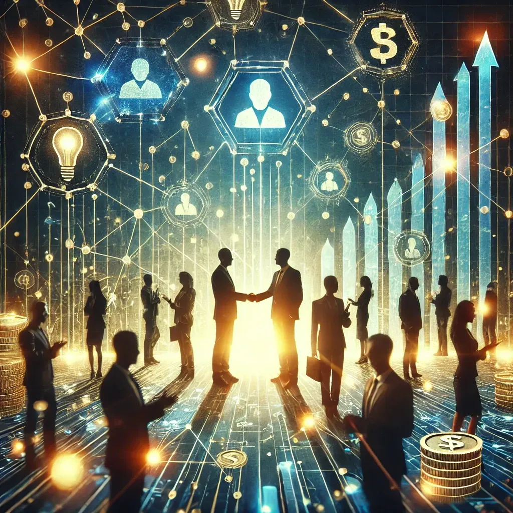 the image depicting the concept of networking leading to success and wealth. It illustrates an interconnected web of professional relationships and opportunities
