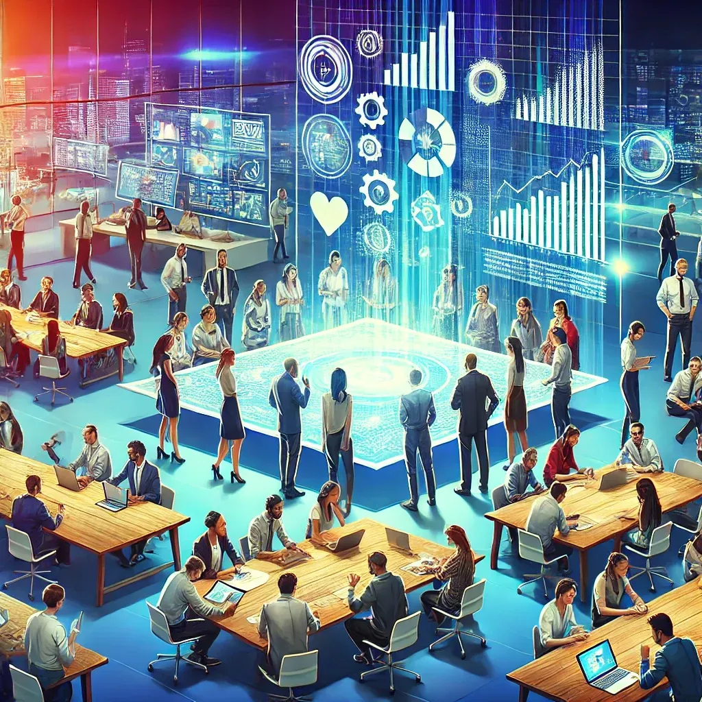 an image of a diverse group of professionals collaborating in a futuristic workspace, symbolizing the power of synergy and innovation through teamwork. The environment highlights inclusivity, technology, and creativity in action.